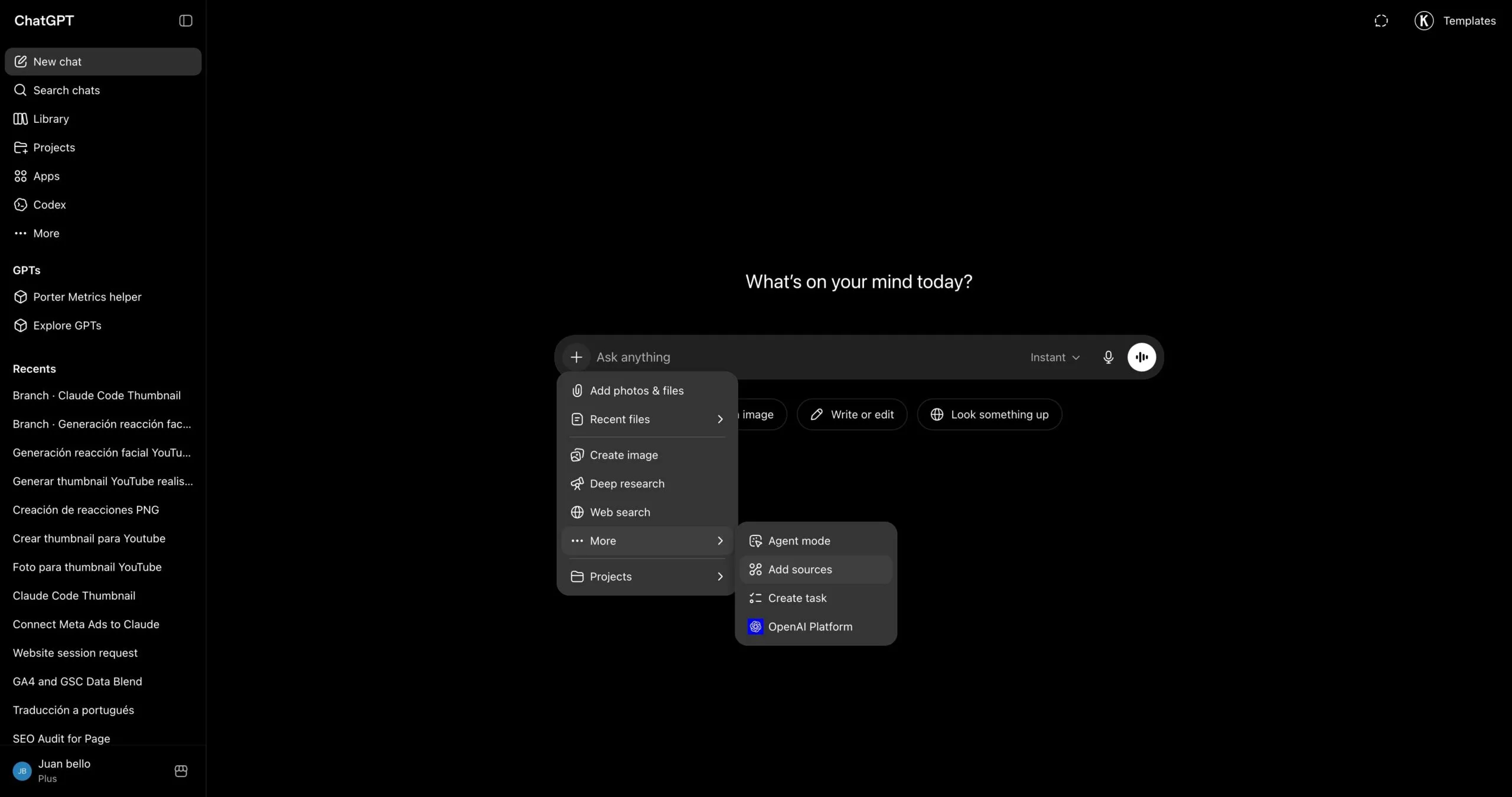 ChatGPT More menu showing Add sources to connect Porter Metrics