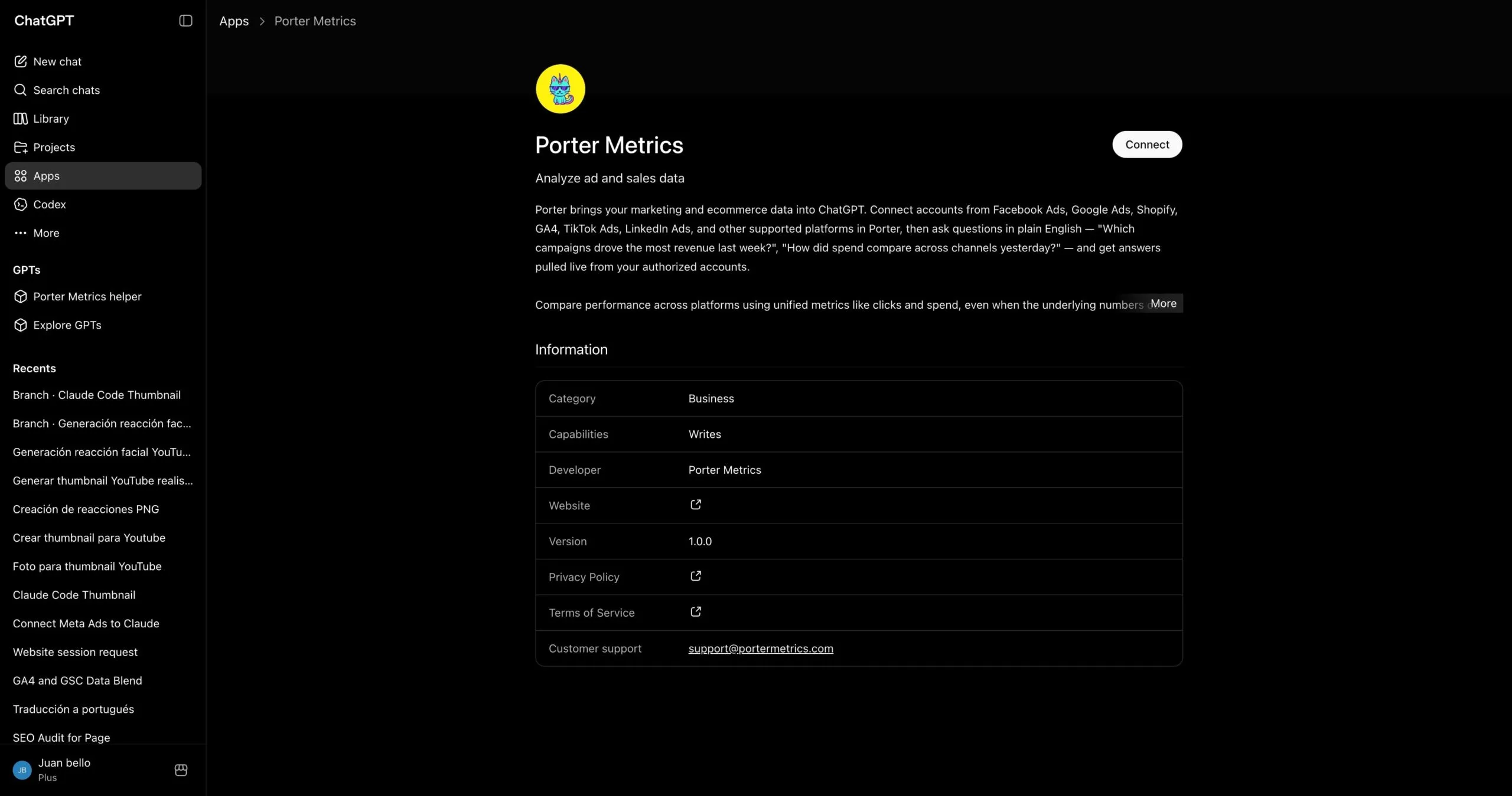 Porter Metrics app page in ChatGPT with the Connect button