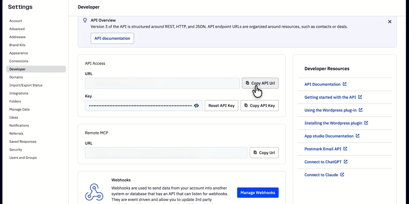 ActiveCampaign Settings > Developer page with the API URL and API key you paste into Porter
