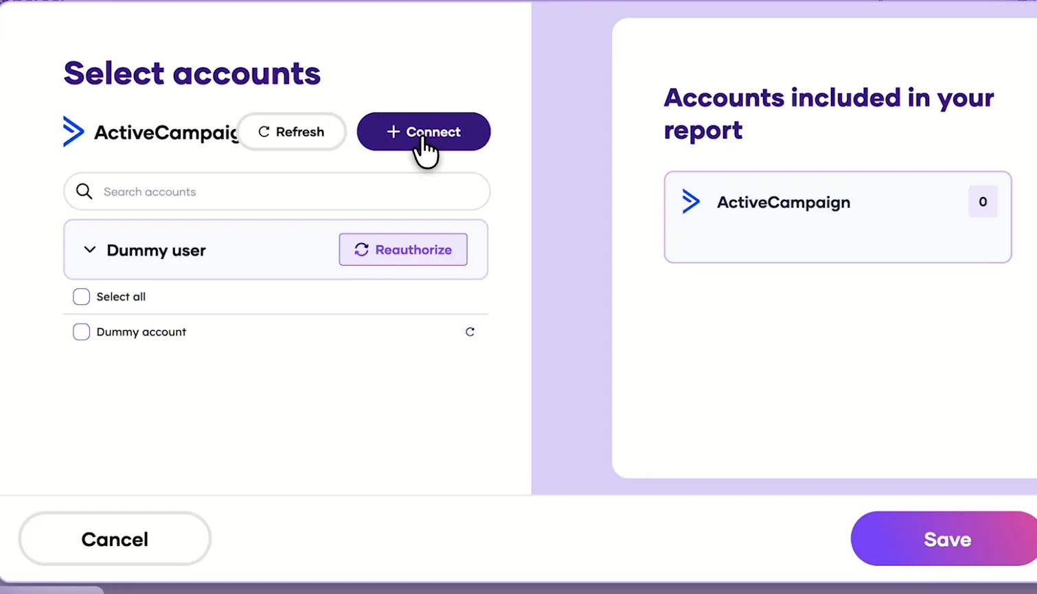 Porter's Select accounts window for ActiveCampaign with a demo account ready to save