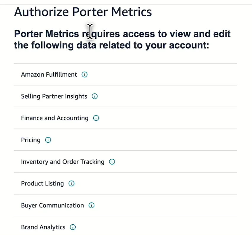 Amazon Seller Central page asking you to authorize Porter Metrics