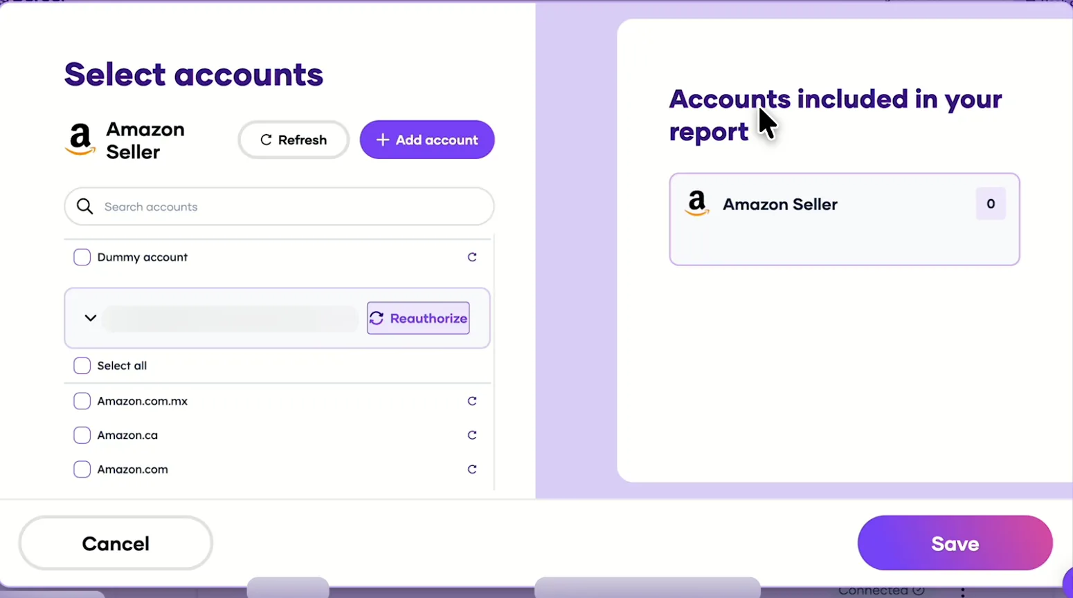 Porter's Select accounts window listing Amazon marketplaces such as Amazon.com and Amazon.ca