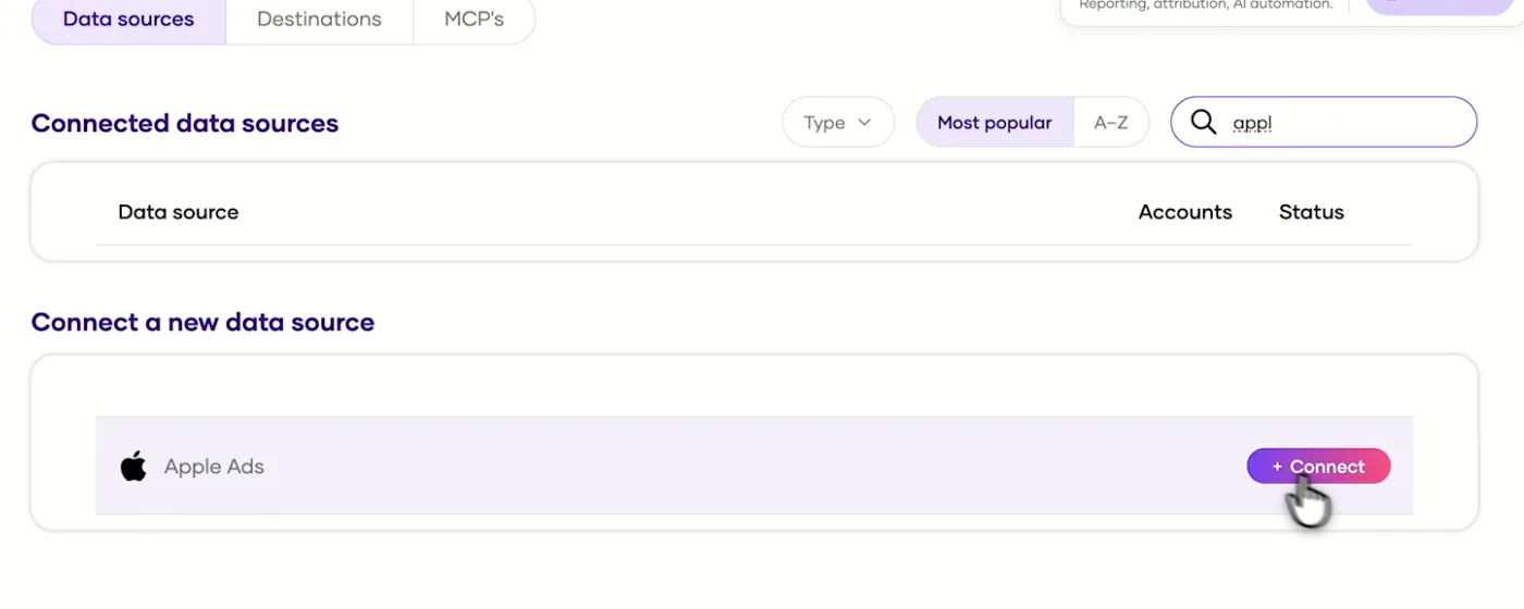 Porter's Connect a new data source list with Apple Ads ready to connect