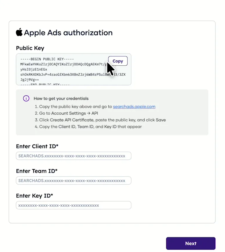 Porter's Apple Ads authorization form with the public key and Client ID, Team ID and Key ID fields