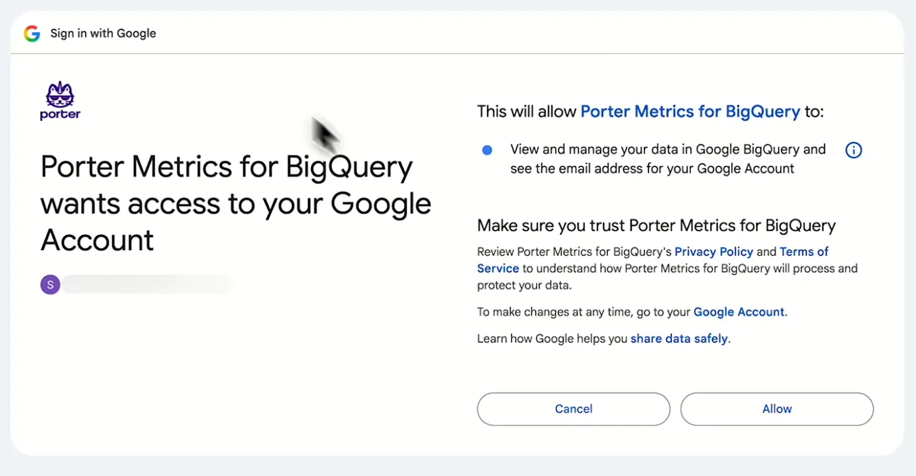 Google screen asking you to let Porter Metrics for BigQuery view and manage your BigQuery data