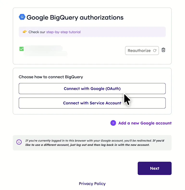 Porter's BigQuery form with the choice to connect with Google OAuth or a service account