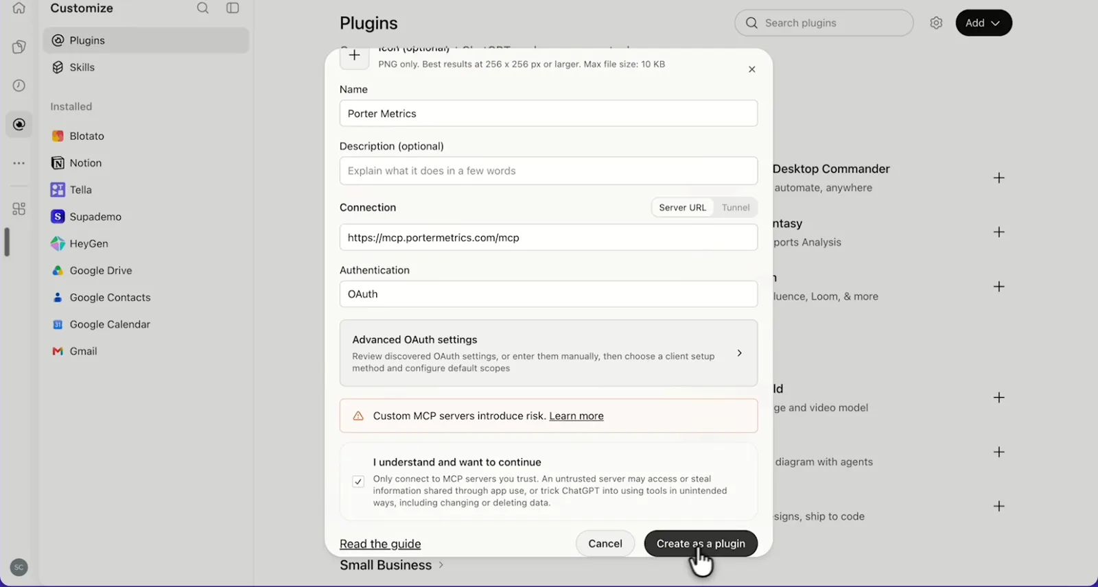 ChatGPT's Add custom MCP server form with the name Porter Metrics, Porter's MCP URL and OAuth filled in