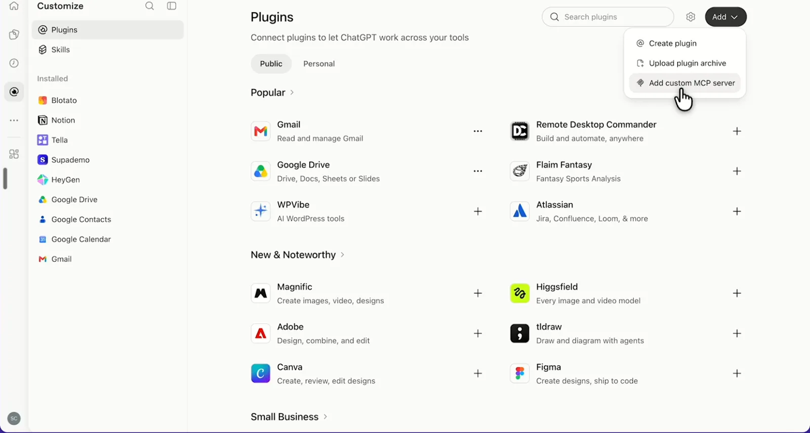 ChatGPT's Plugins page with the Add menu open on Add custom MCP server
