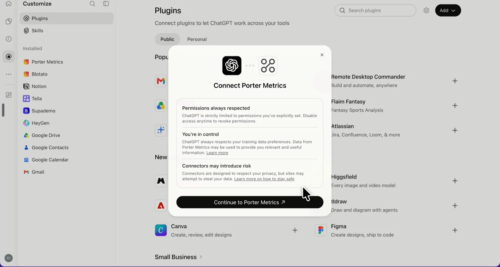 ChatGPT's Connect Porter Metrics window with the Continue to Porter Metrics button
