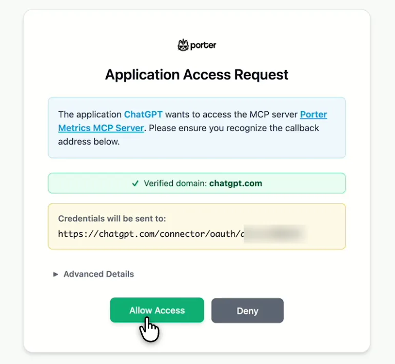 Porter's Application Access Request screen asking you to let ChatGPT use the Porter MCP server