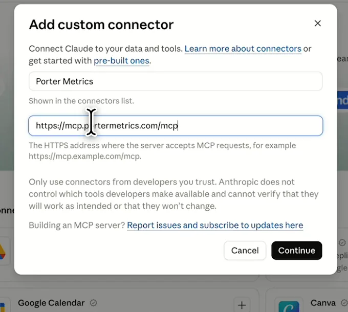 Claude's Add custom connector window with the name Porter Metrics and Porter's MCP URL filled in