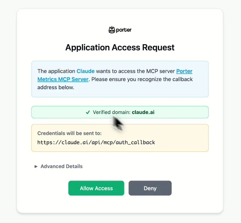 Porter's Application Access Request screen asking you to let Claude use the Porter MCP server