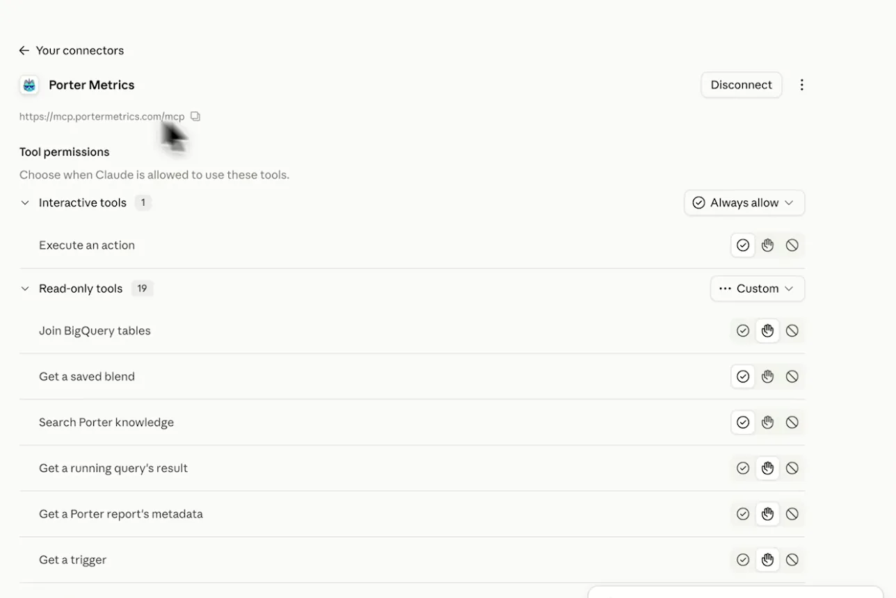 Porter Metrics listed as a connected connector in Claude with its read-only tools