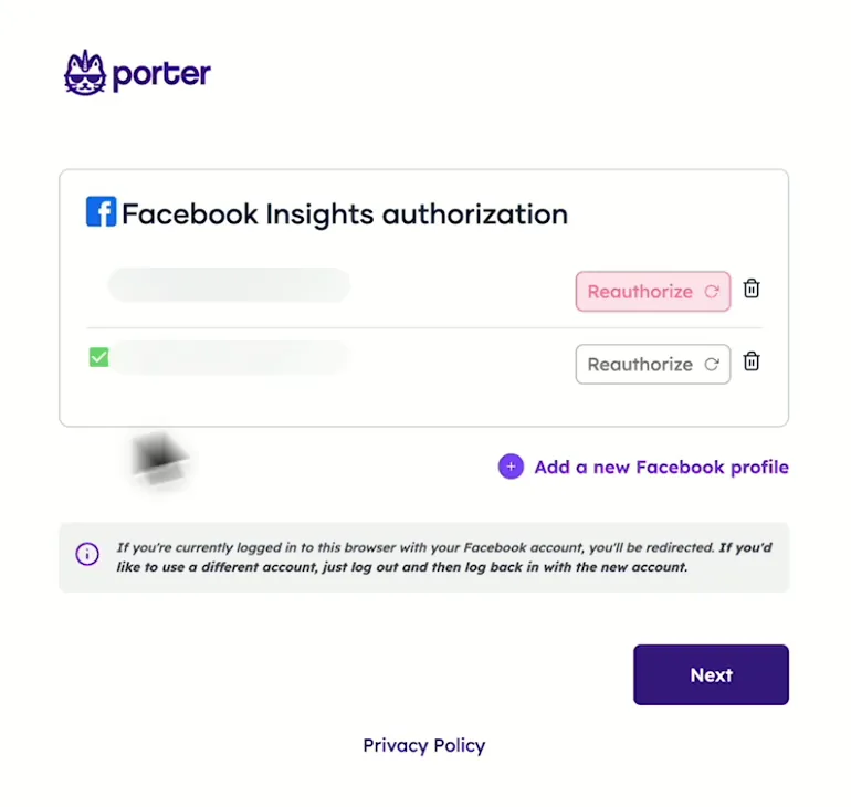Porter's Facebook Insights authorization showing a connected Facebook profile