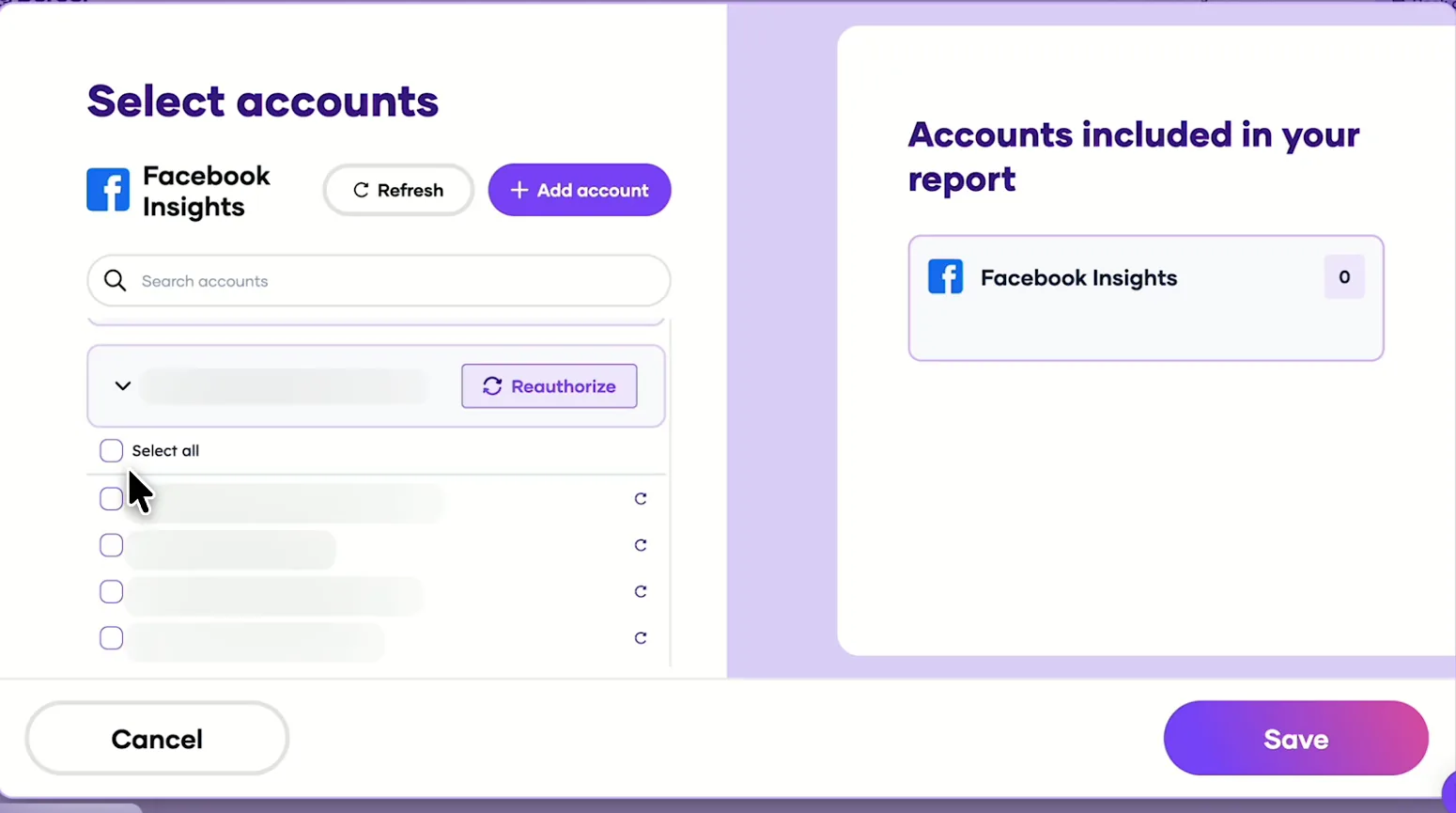 Porter's Select accounts window listing the Facebook Pages you can add