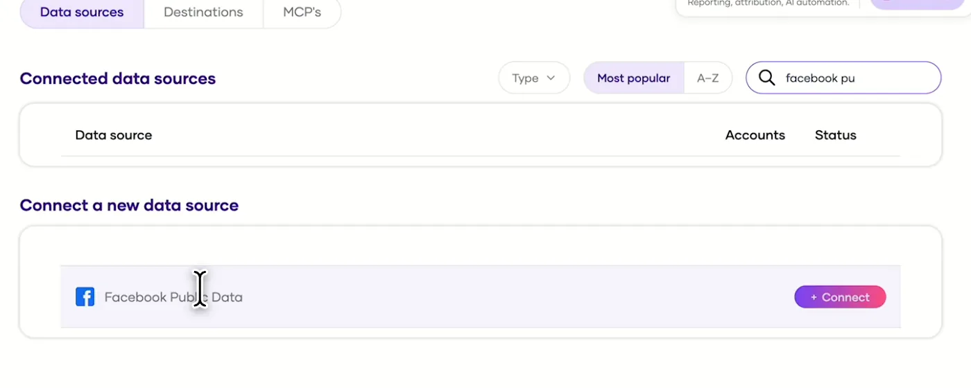 Porter's Connect a new data source list with Facebook Public Data ready to connect