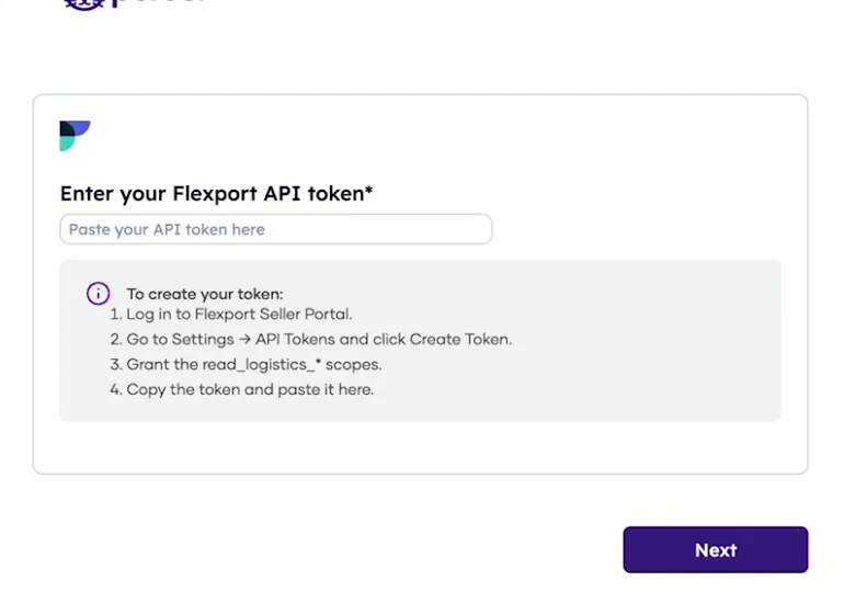 Porter's Flexport form asking for your Flexport API token