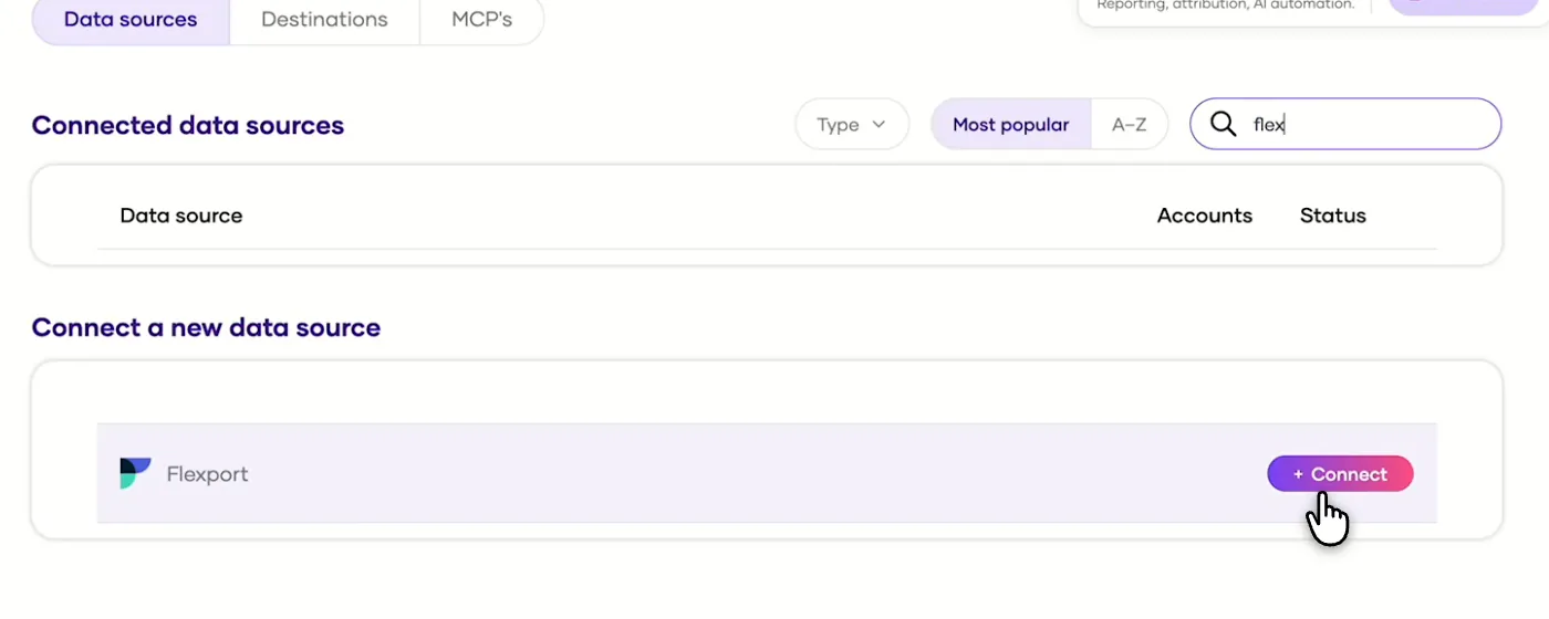 Porter's Connect a new data source list with Flexport ready to connect