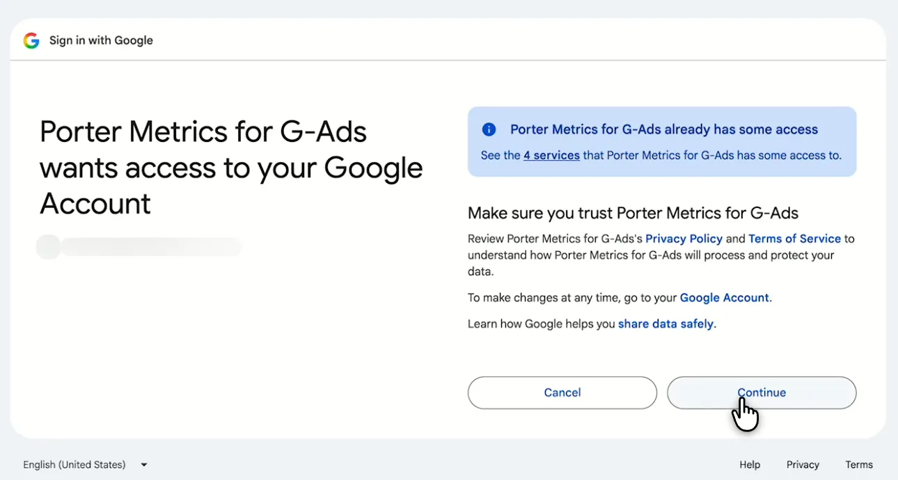 Google screen asking you to let Porter Metrics for Google Ads access your Google account