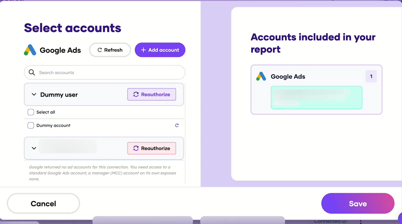 Porter's Select accounts window for Google Ads with a demo account ready to save