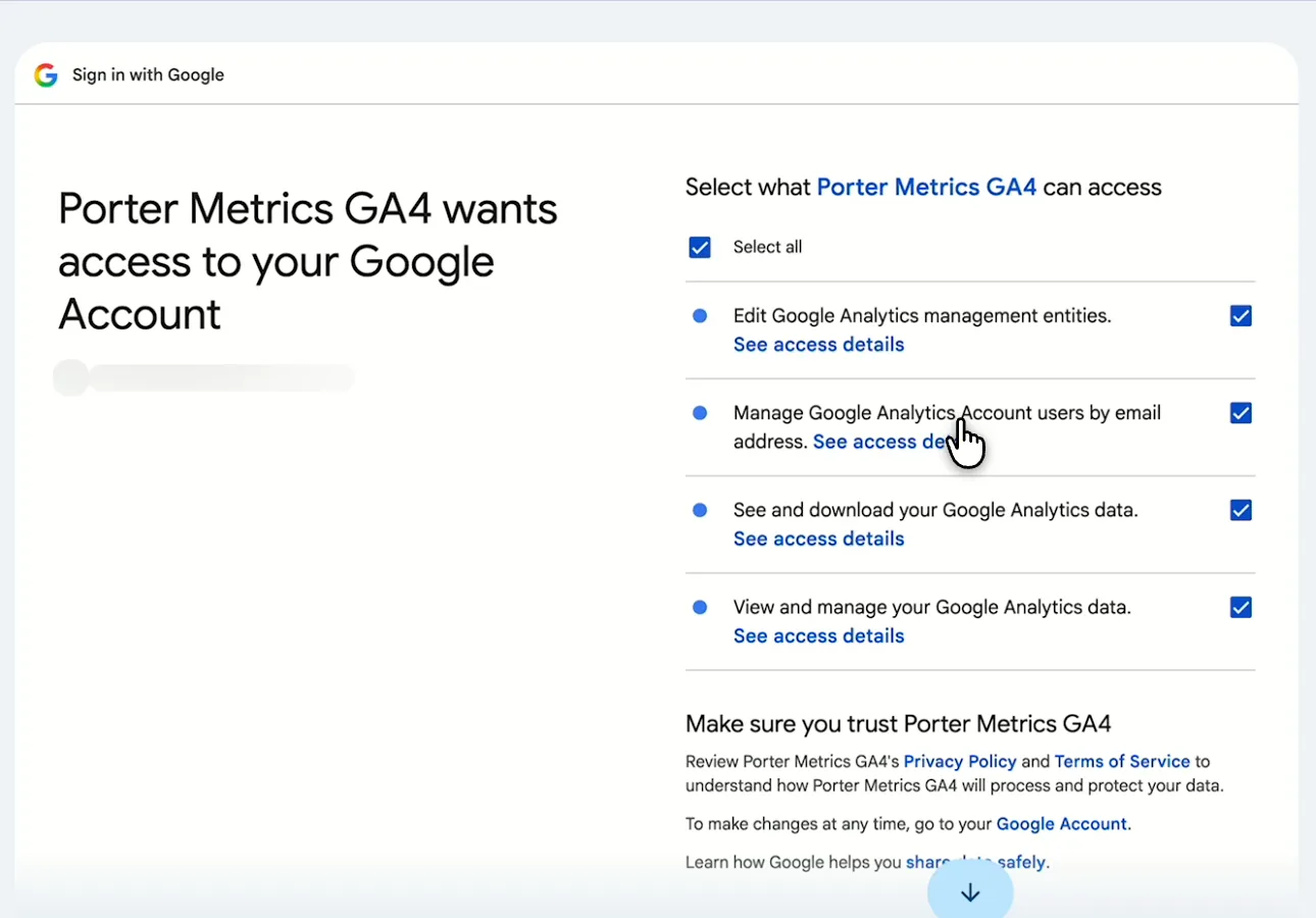 Google screen where you tick the Google Analytics permissions for Porter Metrics GA4