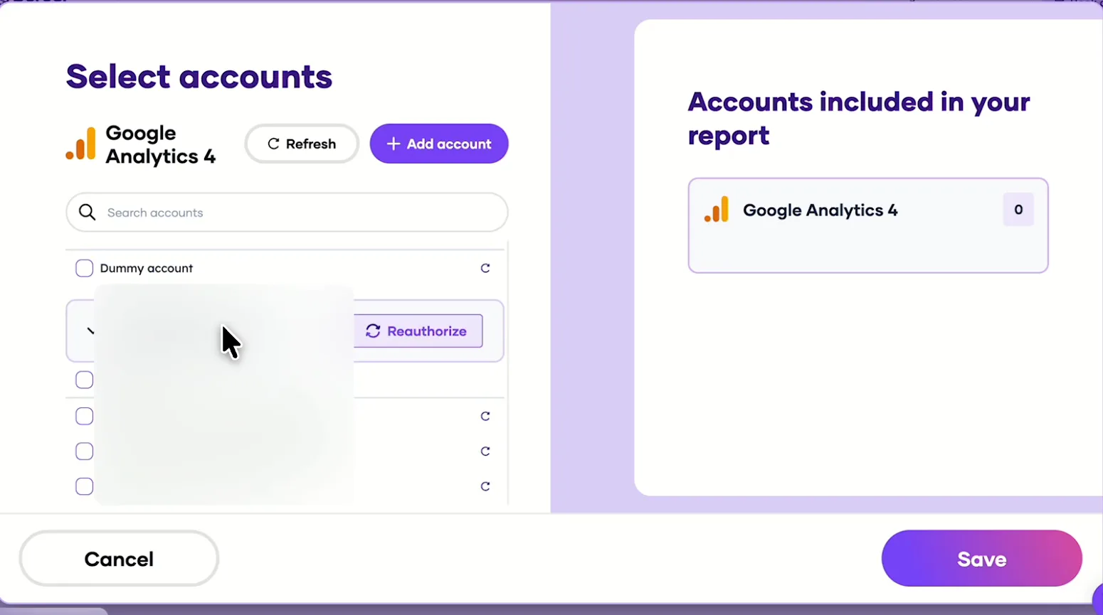 Porter's Select accounts window for Google Analytics 4 with demo properties