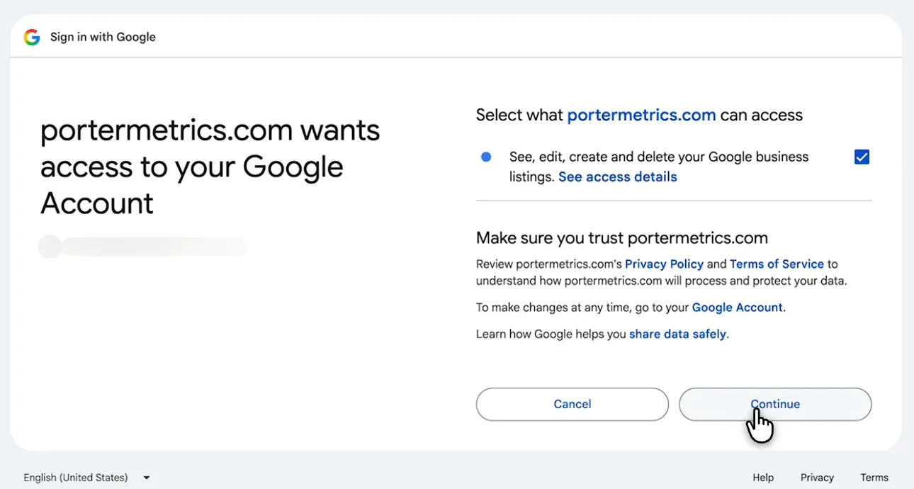 Google screen where you allow Porter Metrics to manage your Google business listings