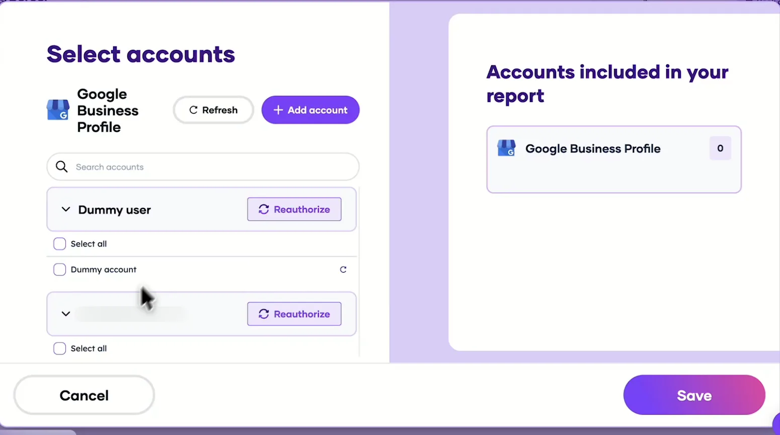 Porter's Select accounts window for Google Business Profile with a demo account