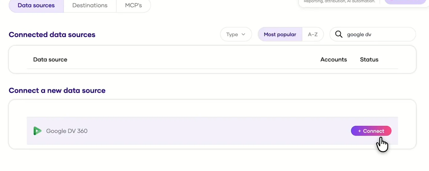 Porter's Integrations page with DV360 found and the Connect button