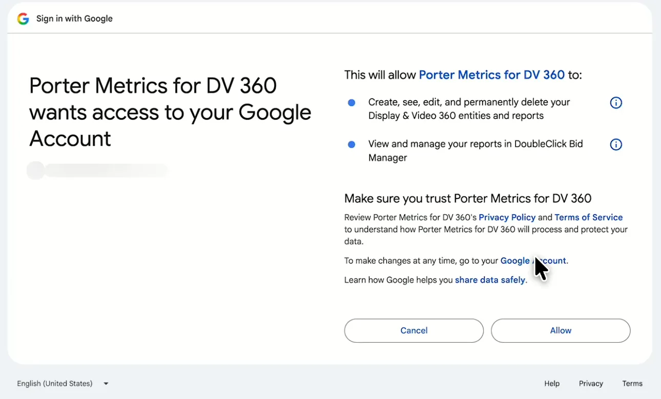 Google screen asking you to allow Porter Metrics for DV 360