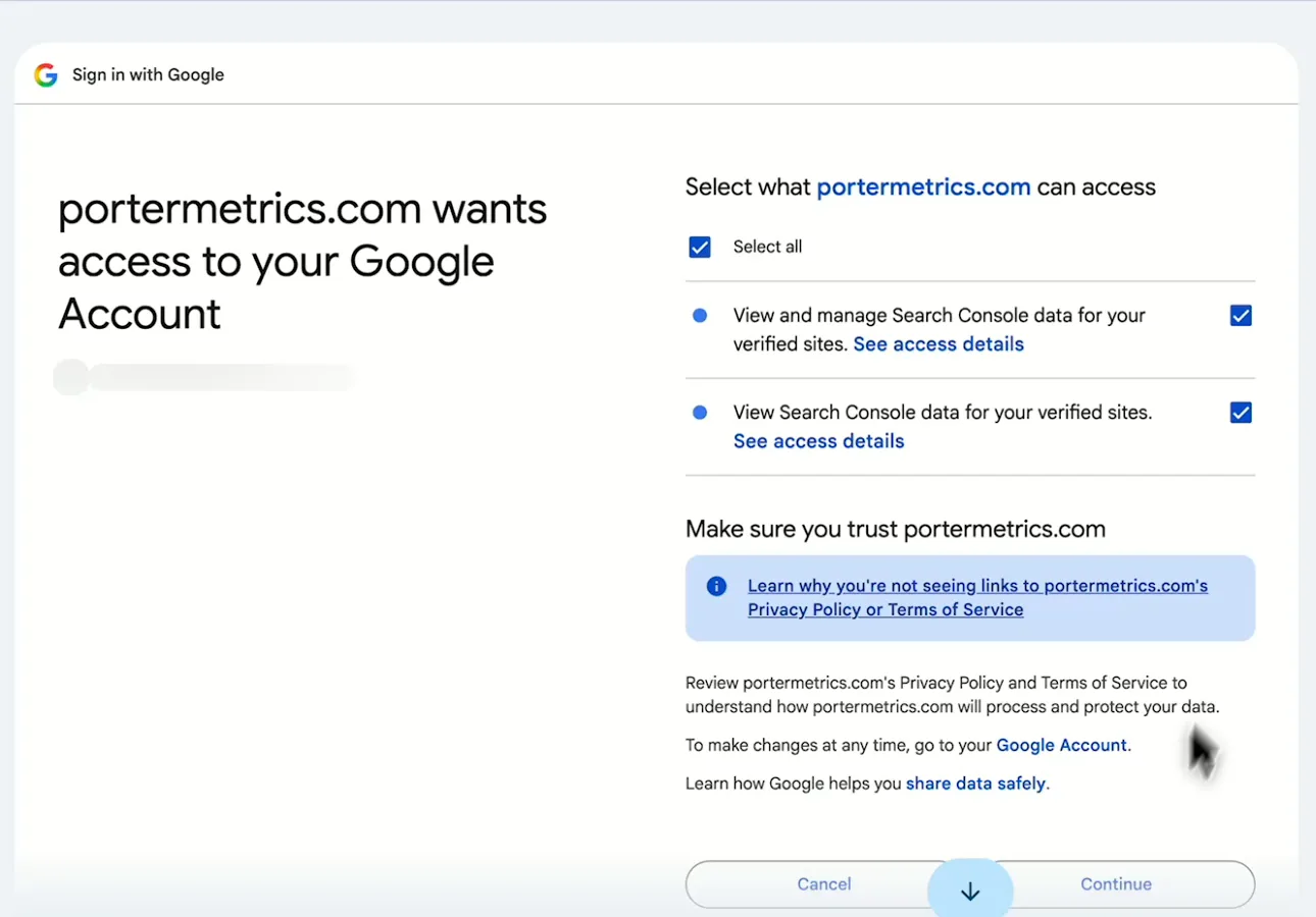 Google screen where you allow Porter Metrics to view your Search Console data
