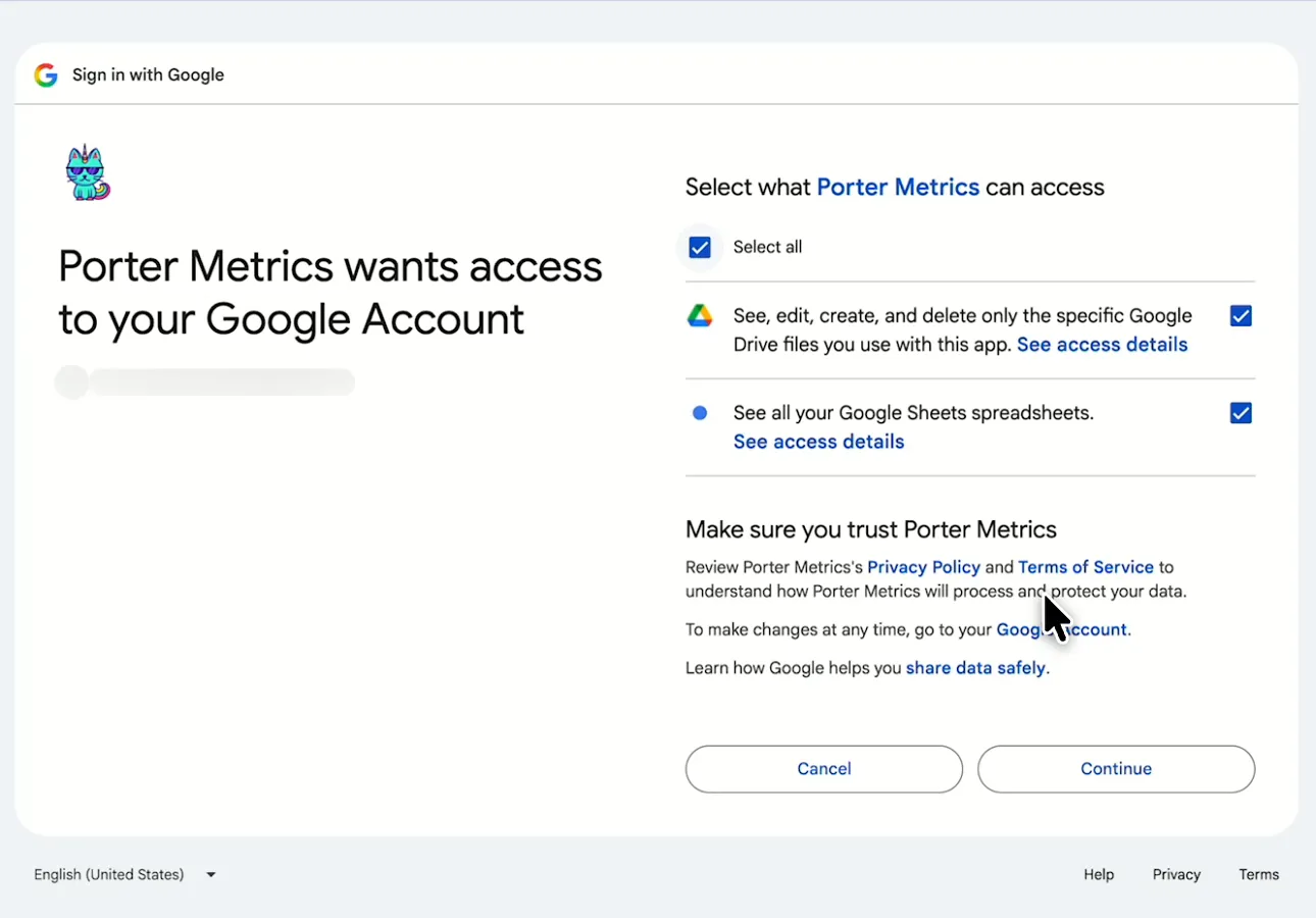 Google screen where you allow Porter Metrics to see your Google Sheets spreadsheets