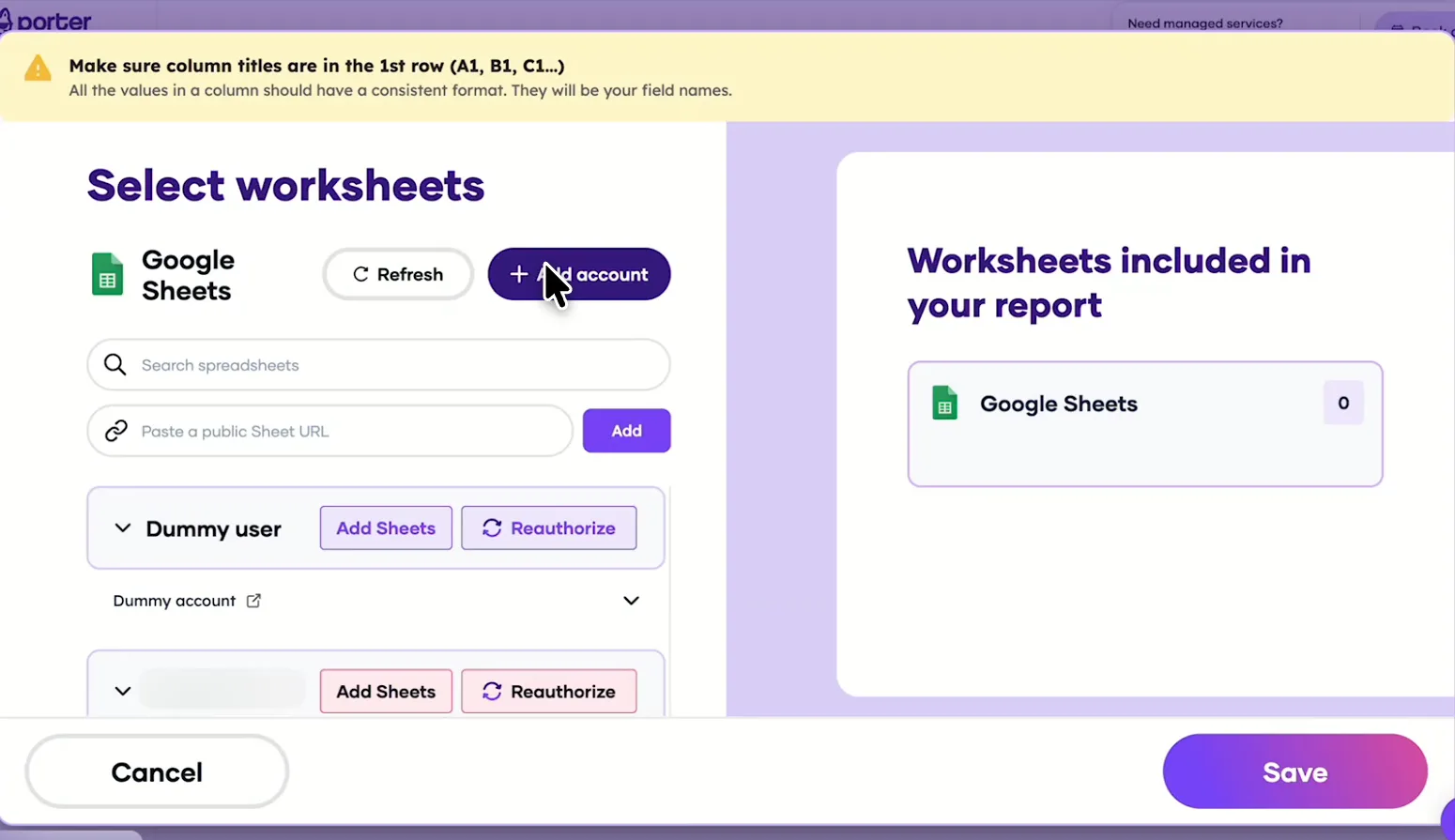 Porter's Select worksheets window for Google Sheets with a demo account