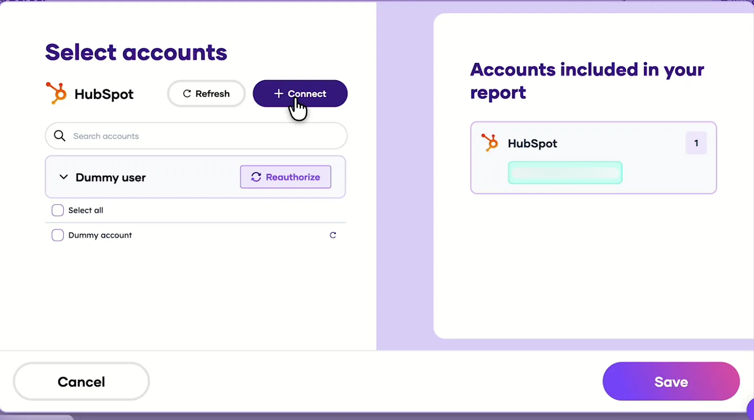 Porter's Select accounts window for HubSpot with a demo account and the Connect button