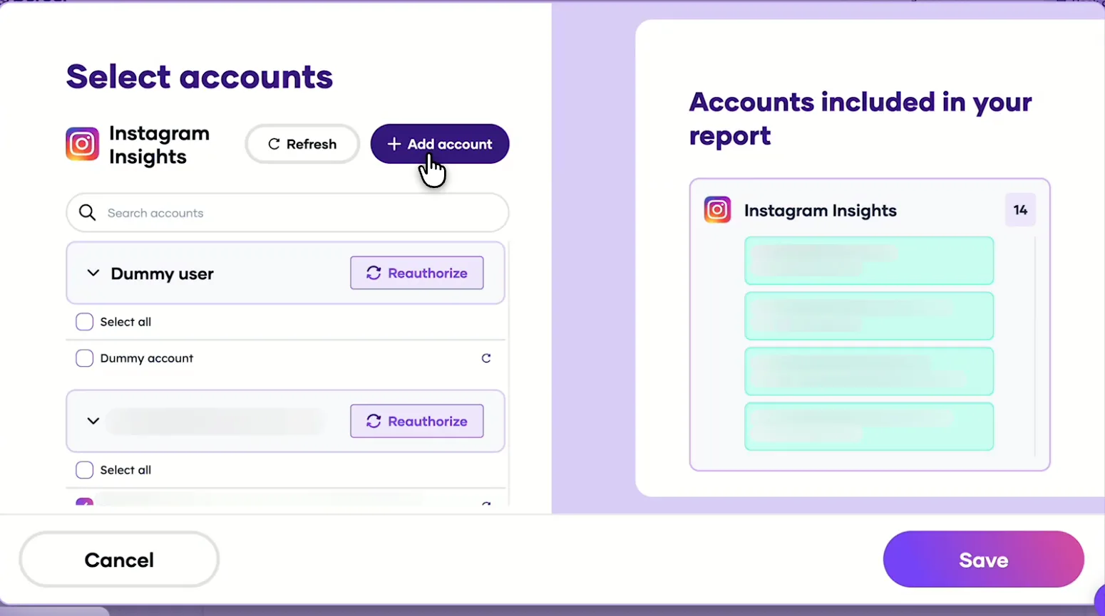 Porter's Select accounts window for Instagram Insights with the Add account button