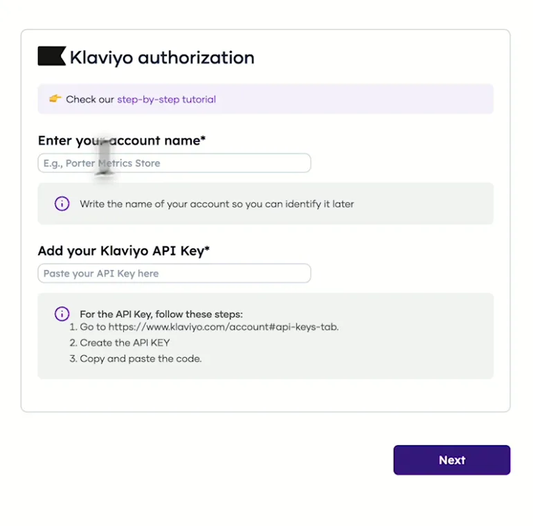Porter's Klaviyo authorization form with the account name and private API key fields