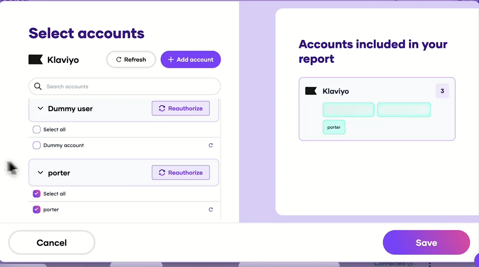 Porter's Select accounts window for Klaviyo with the connected account