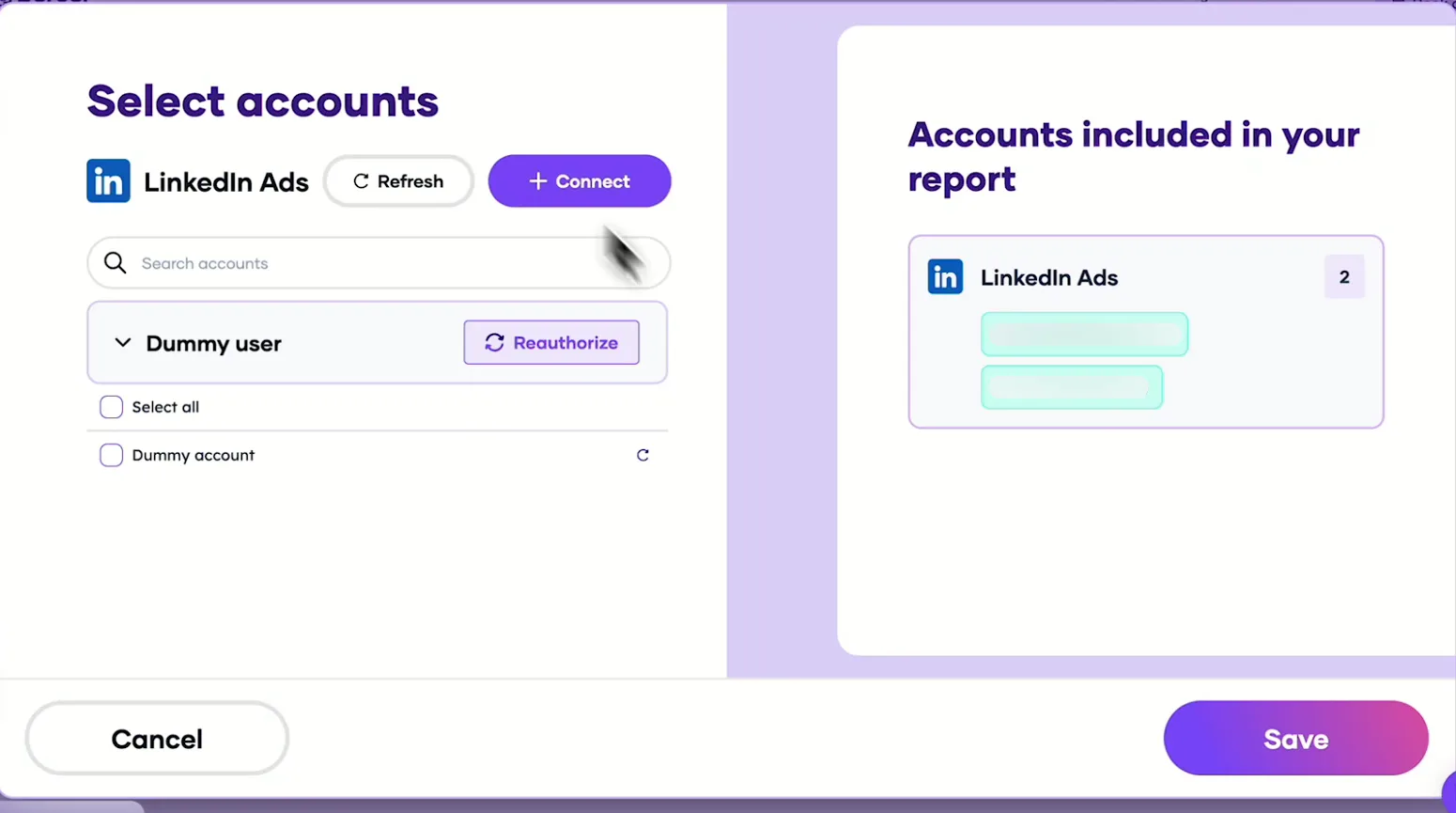 Porter's Select accounts window for LinkedIn Ads with a demo account and the Connect button