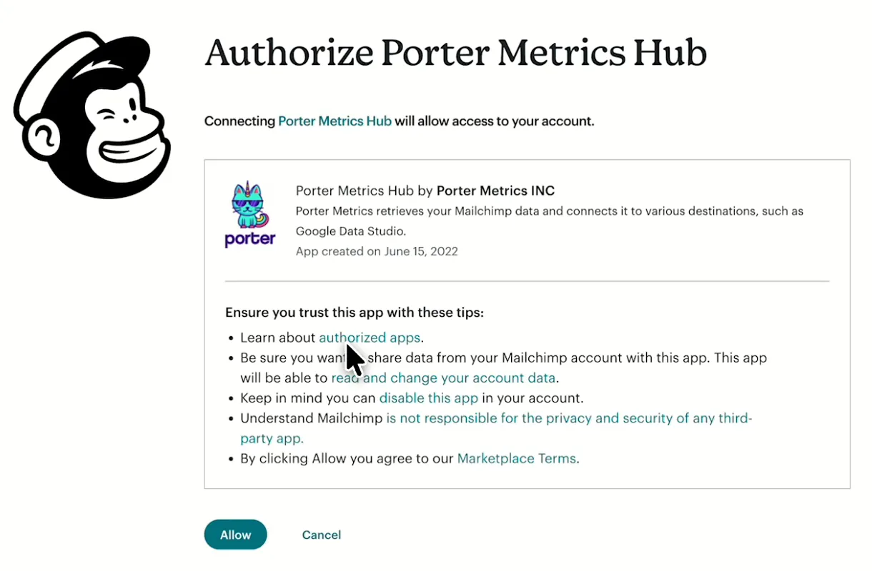 Mailchimp screen asking you to authorize Porter Metrics Hub