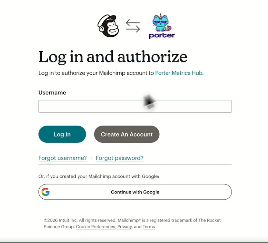 Mailchimp Log in and authorize screen for Porter Metrics