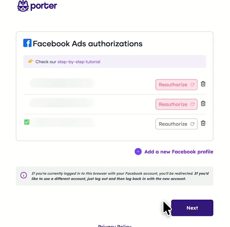 Porter's Facebook Ads authorization page with the authorized profile