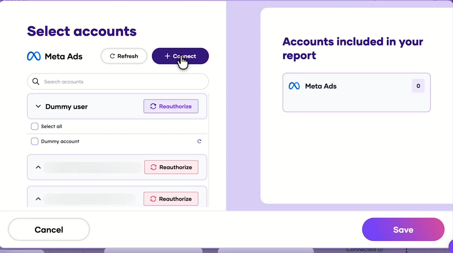 Porter's Select accounts window for Meta Ads with a demo account and the Connect button