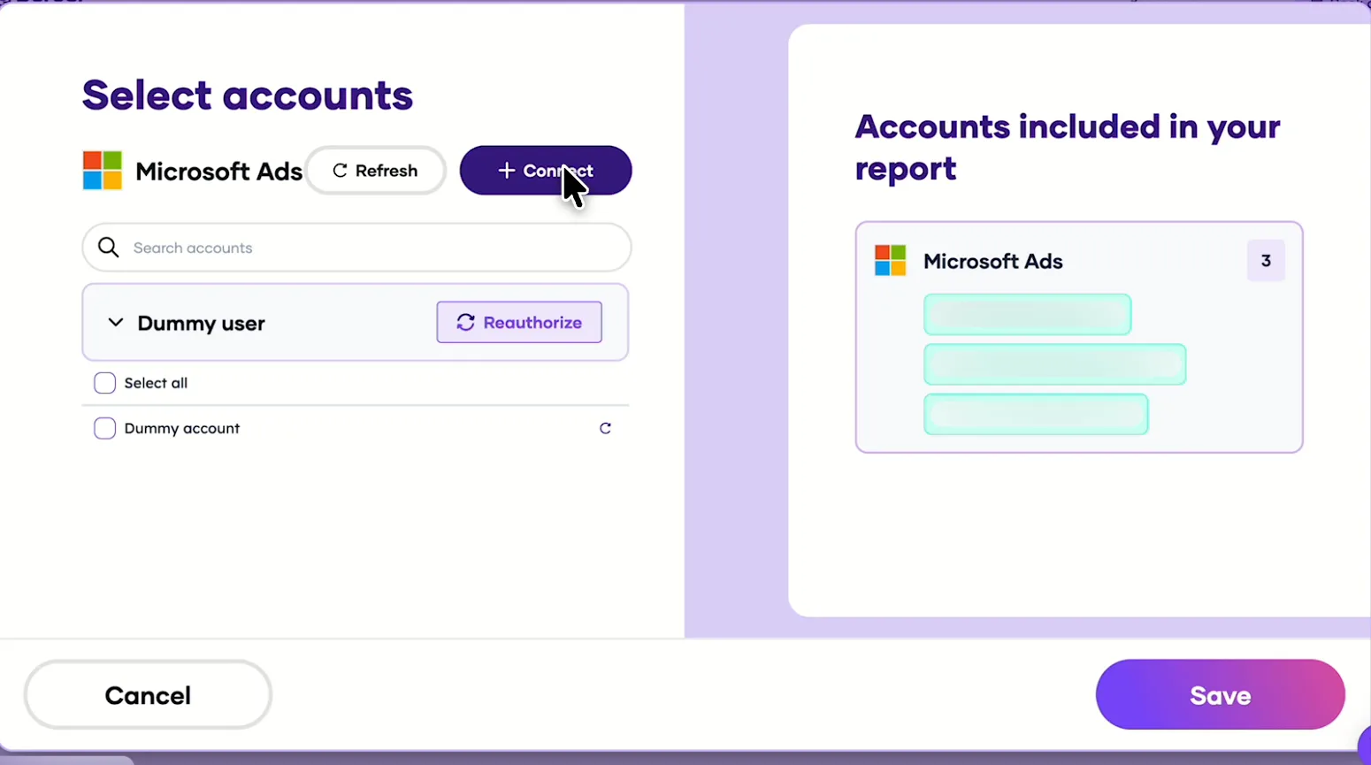 Porter's Select accounts window for Microsoft Ads with a demo account and the Connect button