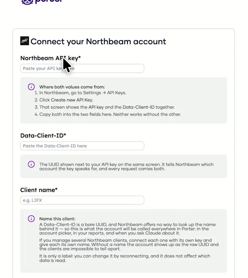 Porter's Connect your Northbeam account form with the API key and Data-Client-ID fields