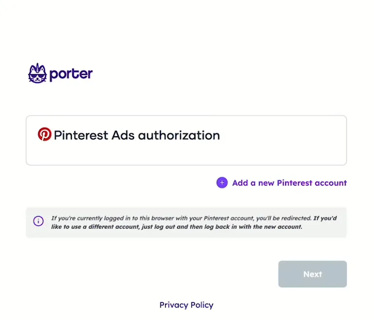 Porter's Pinterest Ads authorization page with Add a new Pinterest account