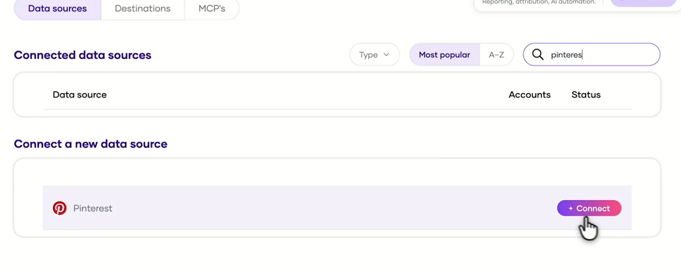 Porter's Integrations page with Pinterest found and the Connect button