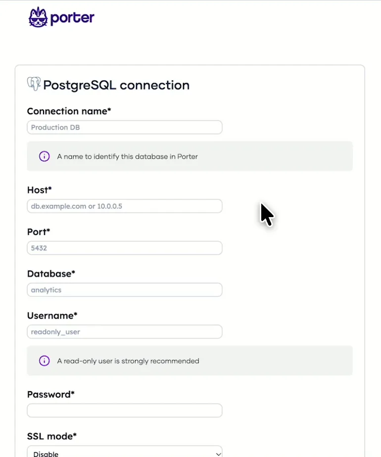 Porter's PostgreSQL connection form with name, host, port and database fields
