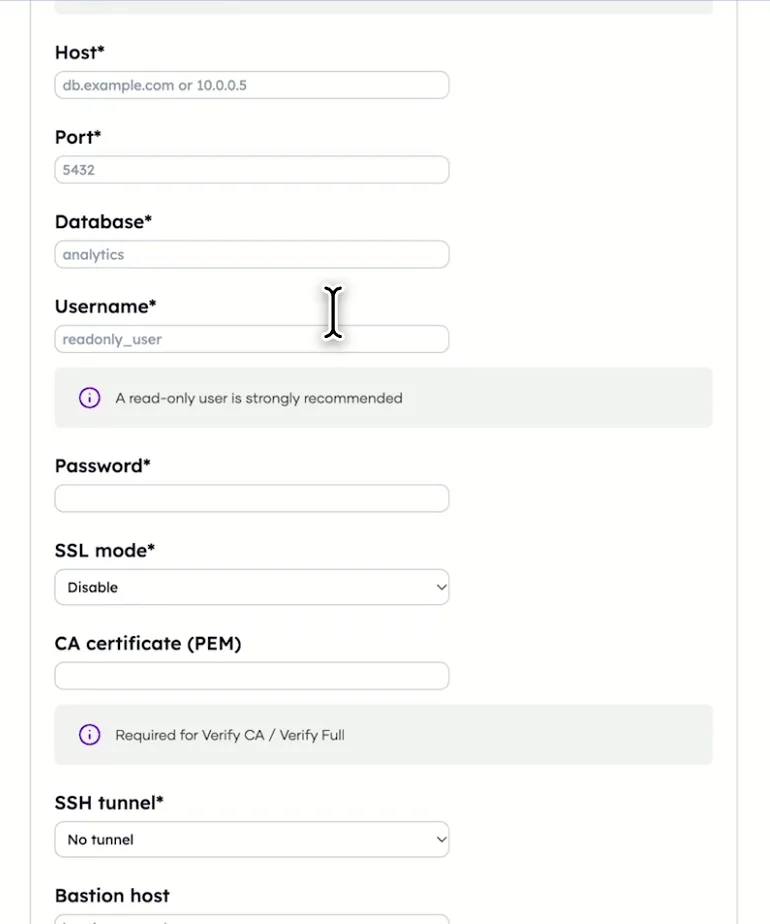 Porter's PostgreSQL form with username, password, SSL mode and SSH tunnel fields