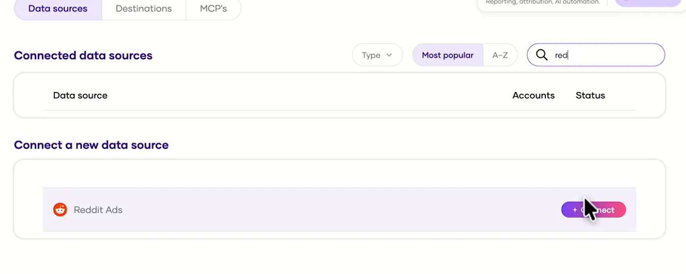 Porter's Integrations page with Reddit Ads found and the Connect button
