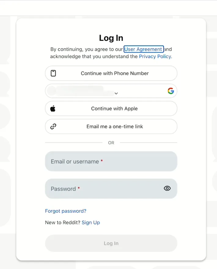 Reddit log-in screen you see when you connect Reddit Ads to Porter